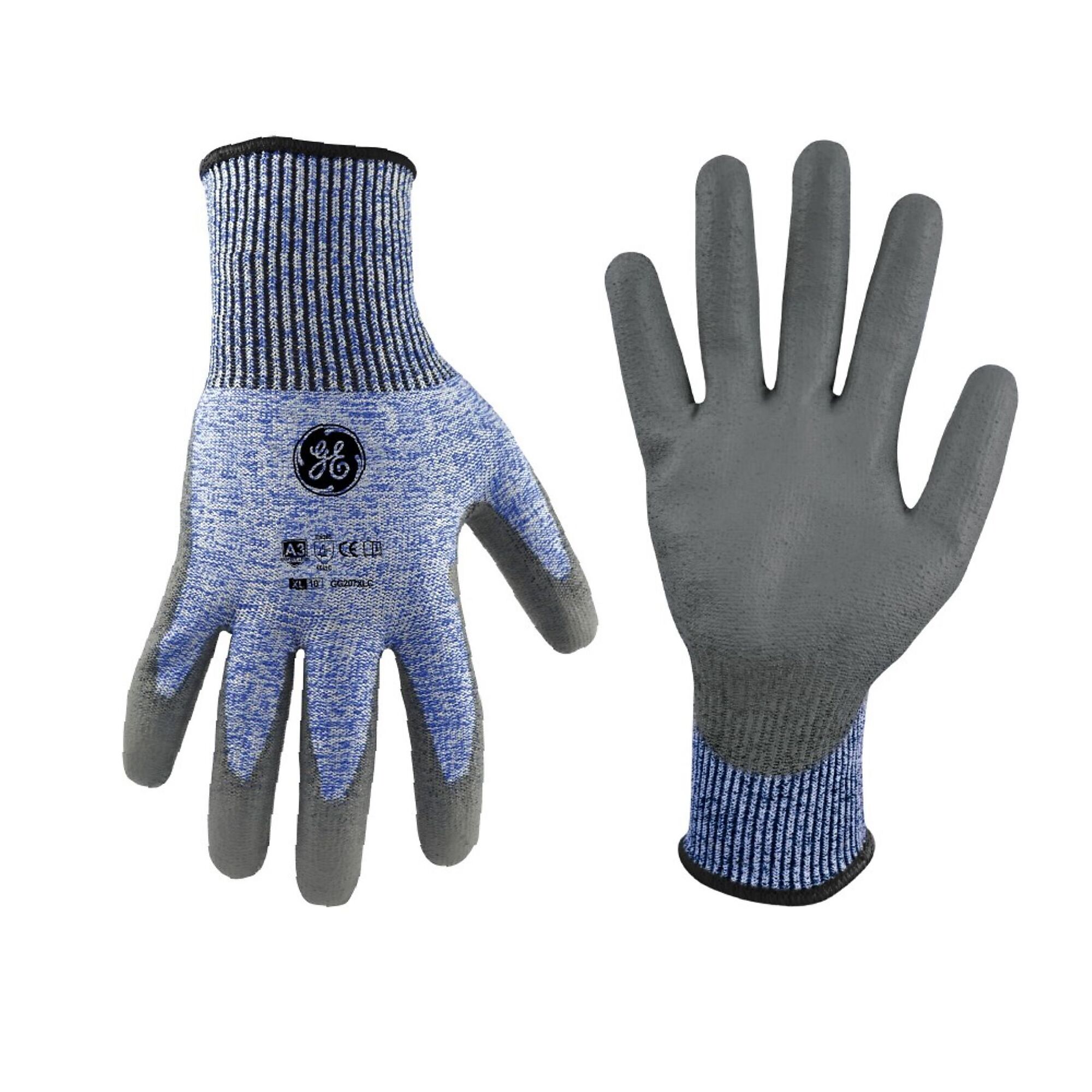 General Electric PU Dipped Gloves, 18 GA, Blue/Gray, 1 Pair, XL